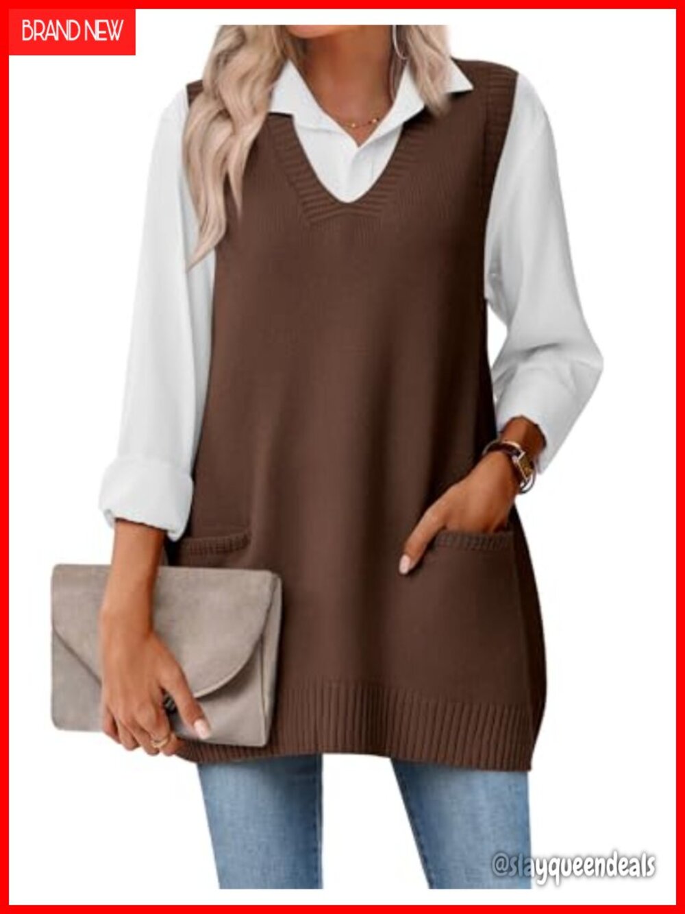Zeagoo Women's Oversized Sleeveless V Neck Sweater Vest with Pockets Knitted